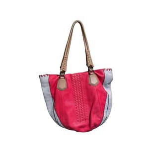 OrYANY Lyssie Large Pebbled Leather Colorblock Shoulder Bag Tote Red Gray‎